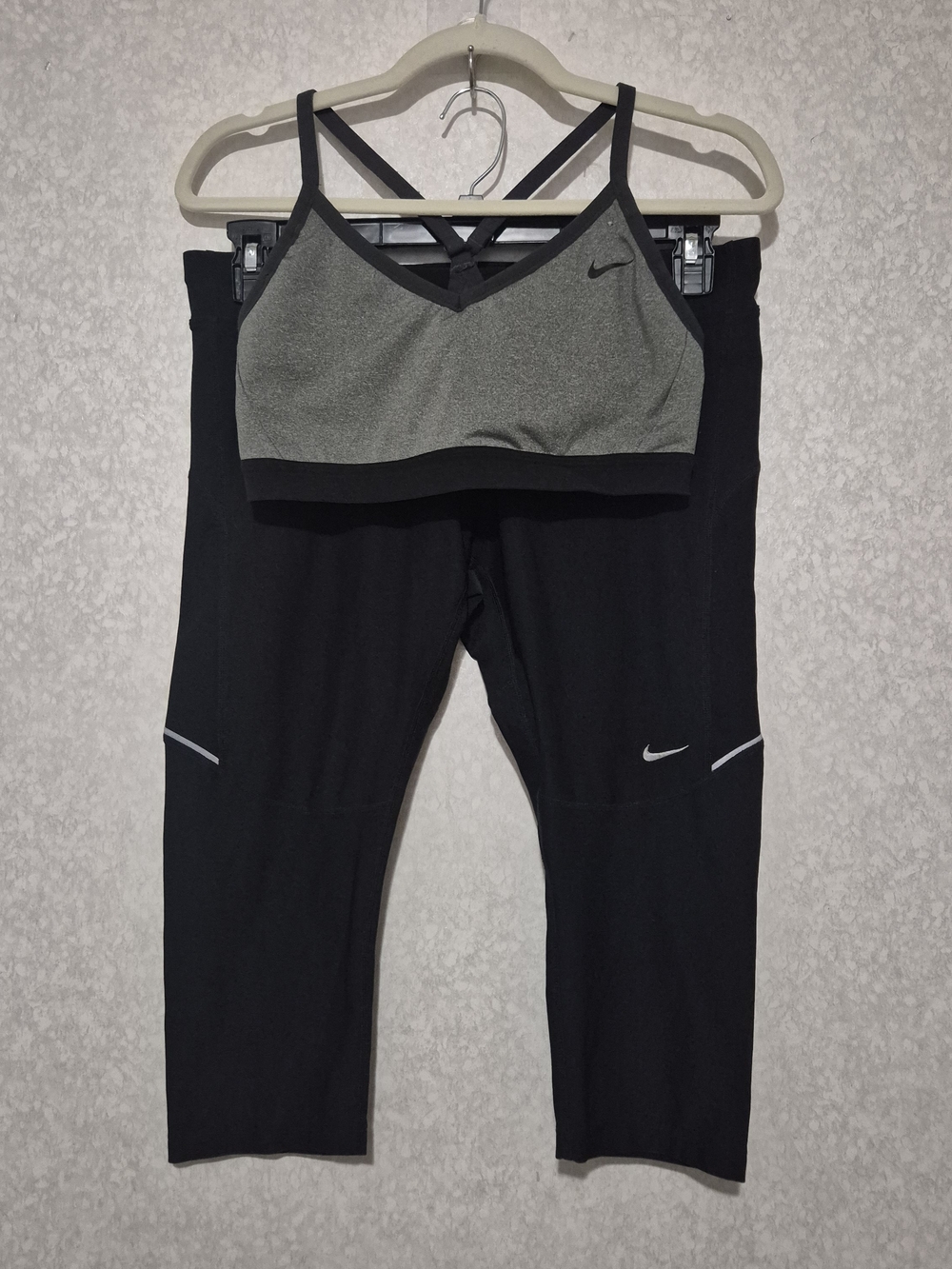 Nike Set  Black Capri Leggings with Grey Strappy Sports Bra-Size:L